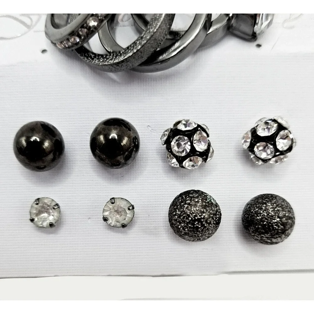 Rings Earrings Set Size 8‎ Gunmetal Rhinestone Studs Fashion Jewelry Gift New